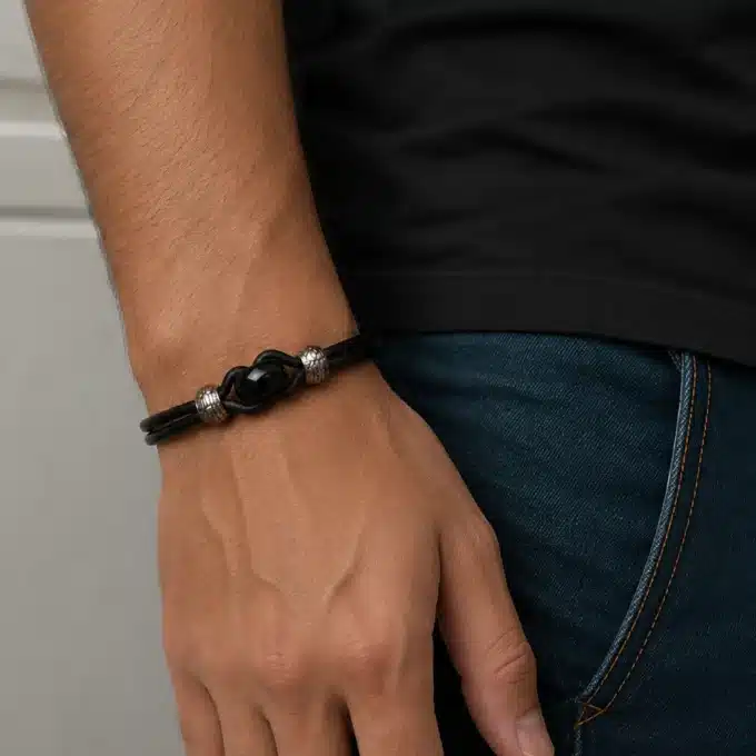 N3715B Bracelet cuir signe infini Acier inoxydable argenté pour homme - Bijoux bracelets hommes en ligne Ninanina