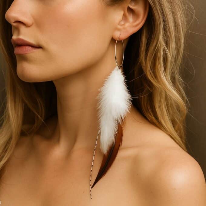 N3722 Boucles D'oreilles Plumes Naturelles - Créoles Femme Argent 925 30mm - Bijoux Boucle d'oreille plume en ligne Ninanina