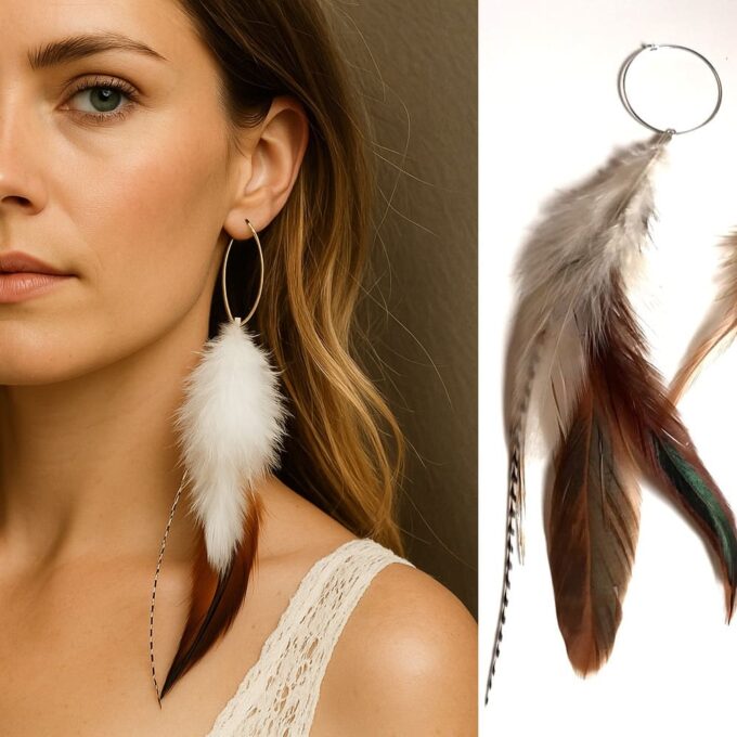 N3722a Boucles D'oreilles Plumes Naturelles - Créoles Femme Argent 925 30mm - Bijoux Boucle d'oreille plume en ligne Ninanina