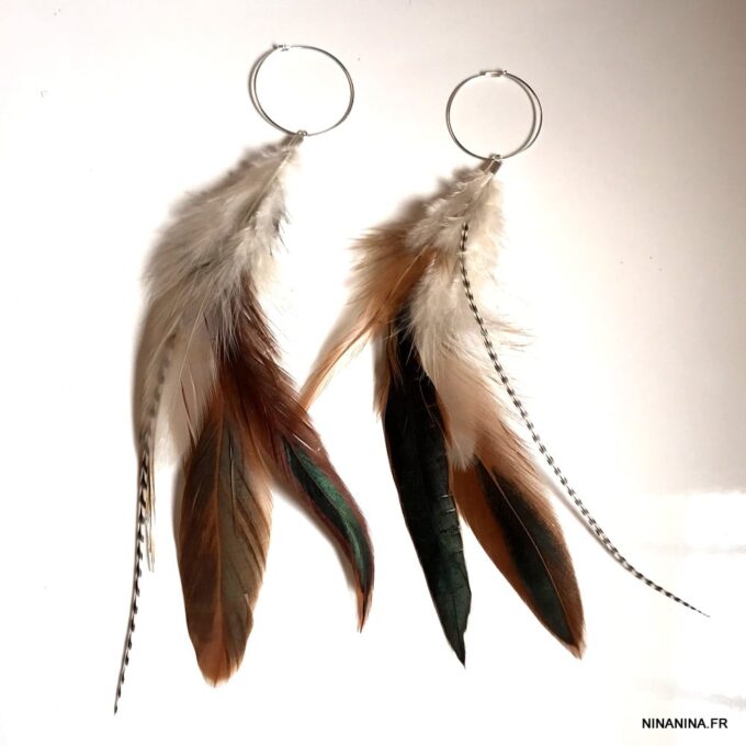 N3722e Boucles D'oreilles Plumes naturelles Créoles Argent - Bijoux Boucles d'oreilles en ligne Ninanina