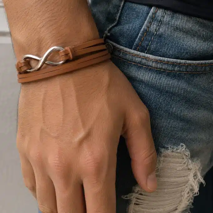 N3736 Bracelet 8 infini Acier inoxydable argent homme cuir 2 tours - Bijoux bracelets hommes en ligne Ninanina