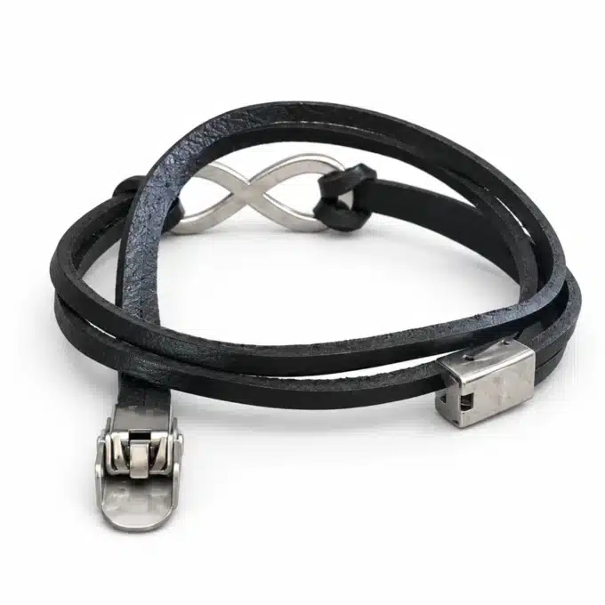 N3736C Bracelet 8 infini Acier inoxydable argent homme cuir 2 tours - Bijoux bracelets hommes en ligne Ninanina