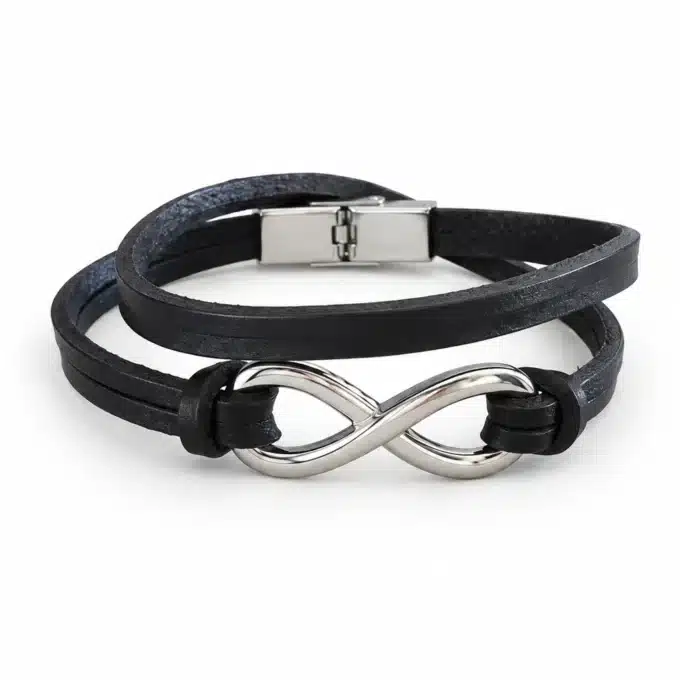 N3736D Bracelet 8 infini Acier inoxydable argent homme cuir 2 tours - Bijoux bracelets hommes en ligne Ninanina
