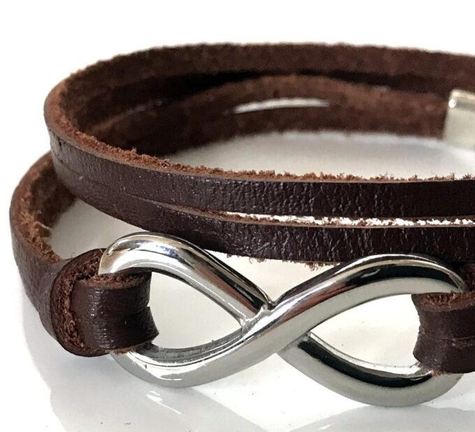 N3736E Bracelet 8 infini Acier inoxydable argent homme cuir 2 tours - Bijoux bracelets hommes en ligne Ninanina