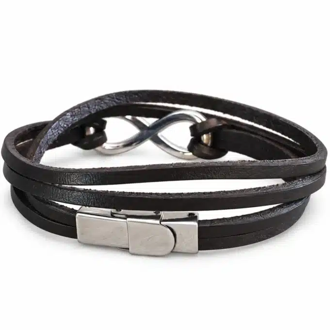 N3736G Bracelet 8 infini Acier inoxydable argent homme cuir 2 tours - Bijoux bracelets hommes en ligne Ninanina