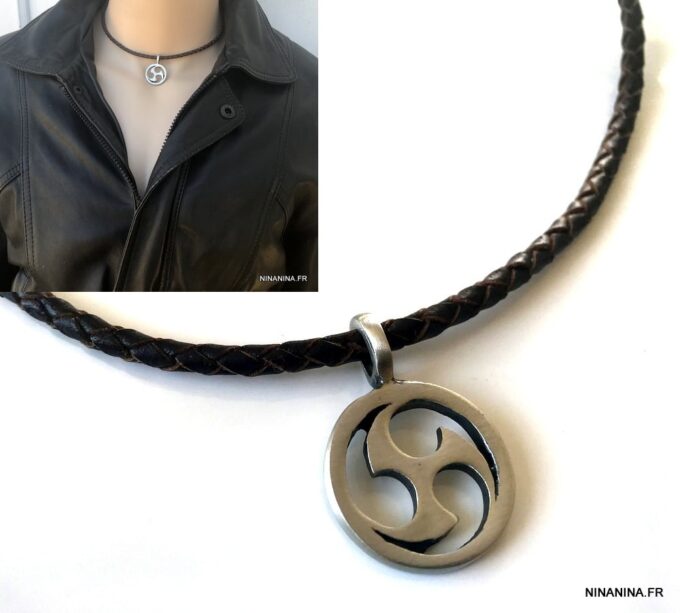 N3748 Collier triskel breton homme cuir tressé pendentif étain - Bijoux Colliers en ligne Ninanina