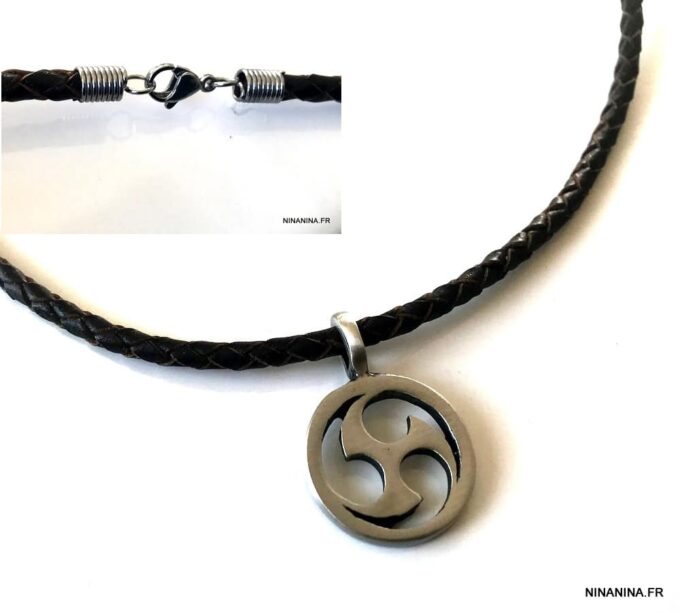 N3748d Collier triskel breton homme cuir tressé pendentif étain - Bijoux Colliers en ligne Ninanina