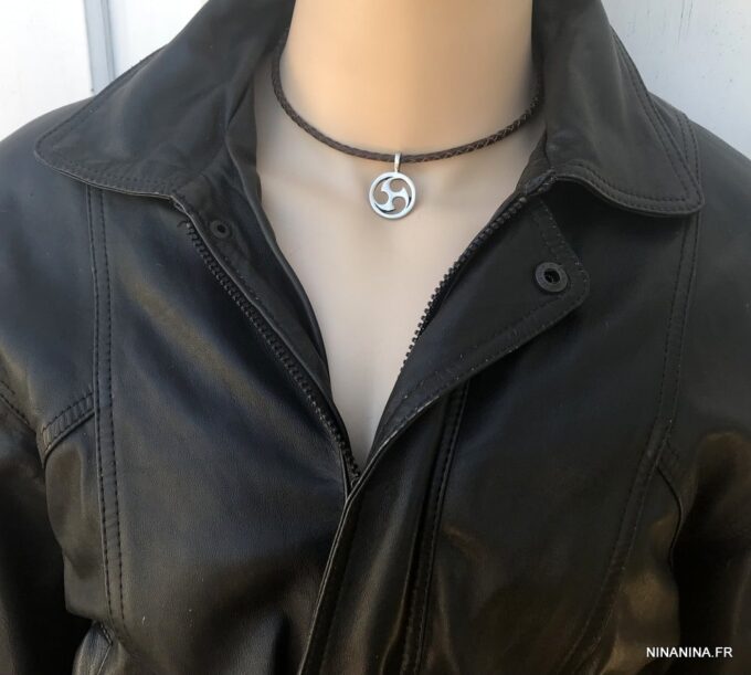 N3748f Collier triskel breton homme cuir tressé pendentif étain - Bijoux Colliers en ligne Ninanina