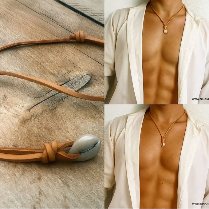 N3750 Collier nœud coulissant coquillage homme – Grain de café cauri véritable sur cuir naturel artisanal - Bijoux Colliers en ligne Ninanina