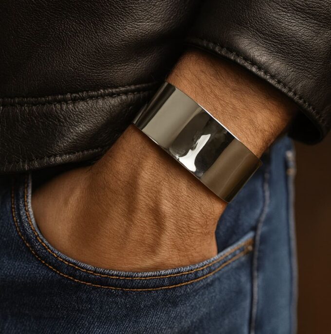 N3752a Bracelet manchette homme Plaqué Argent brillant 30mm de large - Bijoux Bracelets hommes en ligne Ninanina