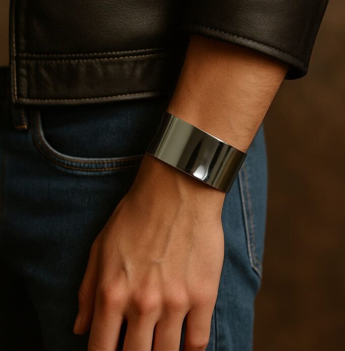 N3752c Bracelet manchette homme Plaqué Argent brillant 30mm de large - Bijoux Bracelets hommes en ligne Ninanina