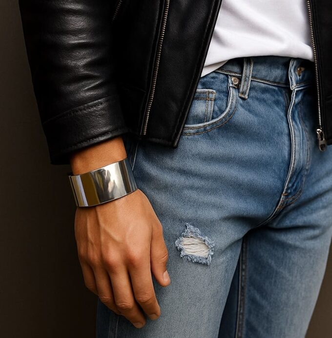 N3752d Bracelet manchette homme Plaqué Argent brillant 30mm de large - Bijoux Bracelets hommes en ligne Ninanina