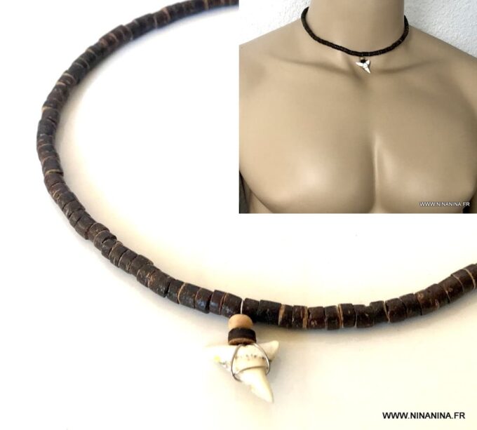 N3757a Collier dent de requin homme rondelles bois coco - Bijoux Colliers en ligne Ninanina