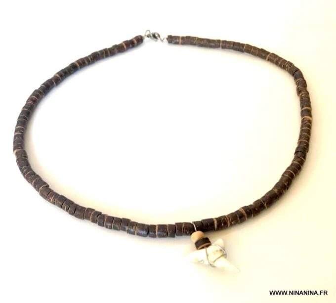 N3757g Collier dent de requin homme rondelles bois coco - Bijoux Colliers en ligne Ninanina