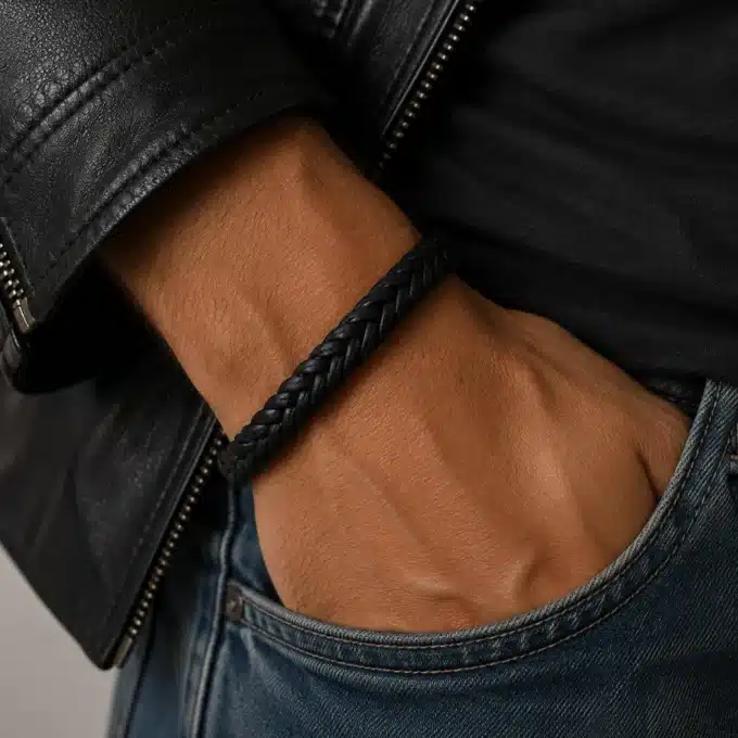 N3760 Bracelet homme cuir tressé et acier inoxydable argenté - Bijoux bracelets hommes en ligne Ninanina