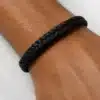 N3760a Bracelet homme cuir tressé et acier inoxydable argenté - Bijoux bracelets hommes en ligne Ninanina