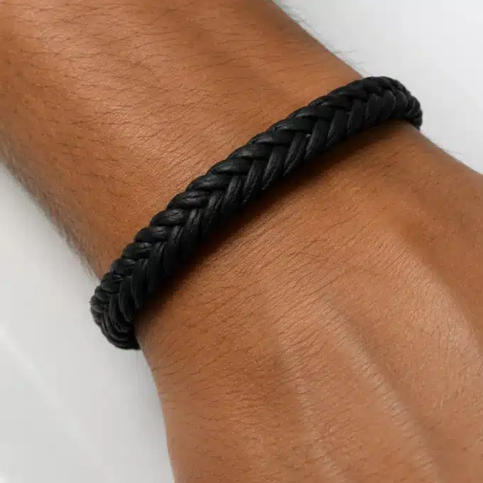 N3760a Bracelet homme cuir tressé et acier inoxydable argenté - Bijoux bracelets hommes en ligne Ninanina