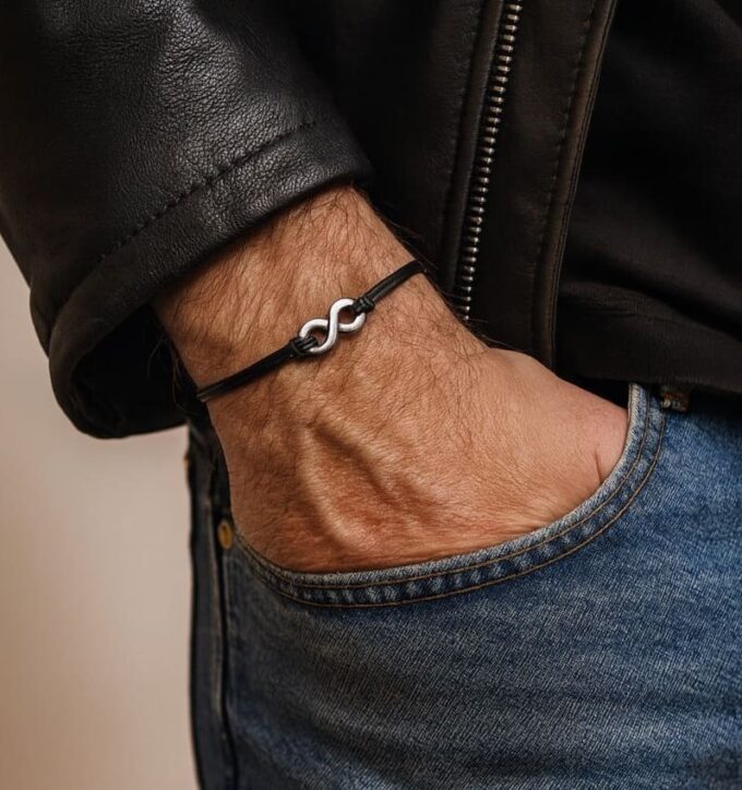 N3767a Bracelet homme femme signe infini Acier Inoxydable argenté cordon cuir - Bijoux Bracelets infinity en ligne Ninanina
