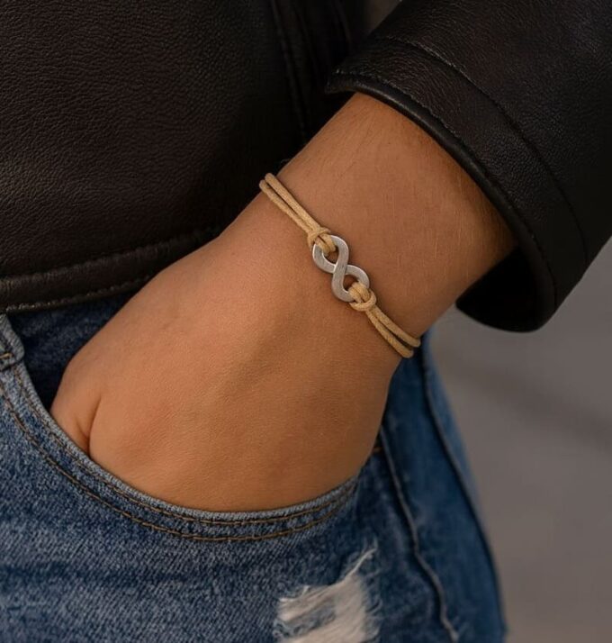 N3767f Bracelet homme femme signe infini Acier Inoxydable argenté cordon cuir - Bijoux Bracelets infinity en ligne Ninanina