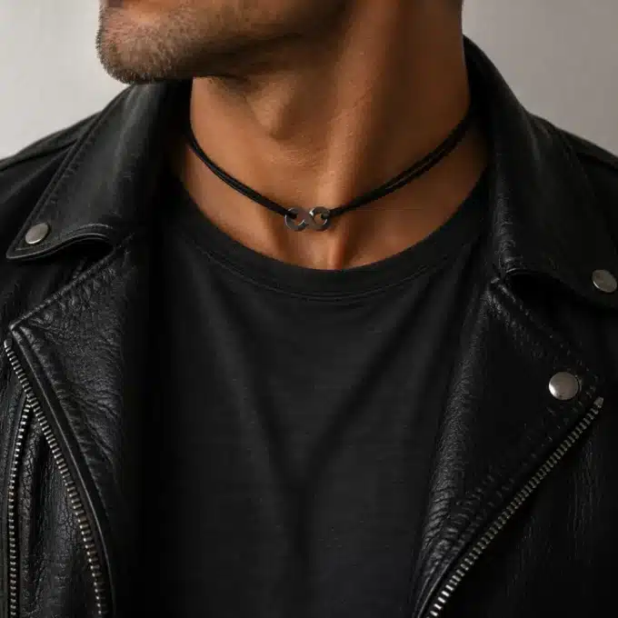 N3769 Collier signe infini homme Acier inoxydable cordon cuir réglable - Bijoux colliers hommes en ligne Ninanina