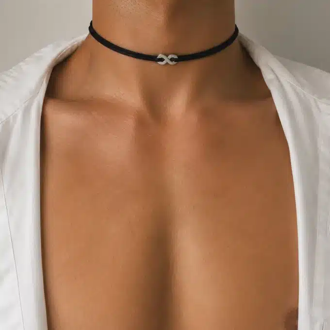 N3769a Collier signe infini homme Acier inoxydable cordon cuir réglable - Bijoux colliers hommes en ligne Ninanina