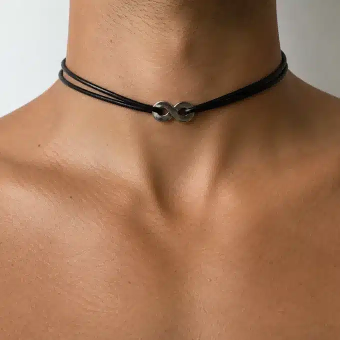 N3769b Collier signe infini homme Acier inoxydable cordon cuir réglable - Bijoux colliers hommes en ligne Ninanina