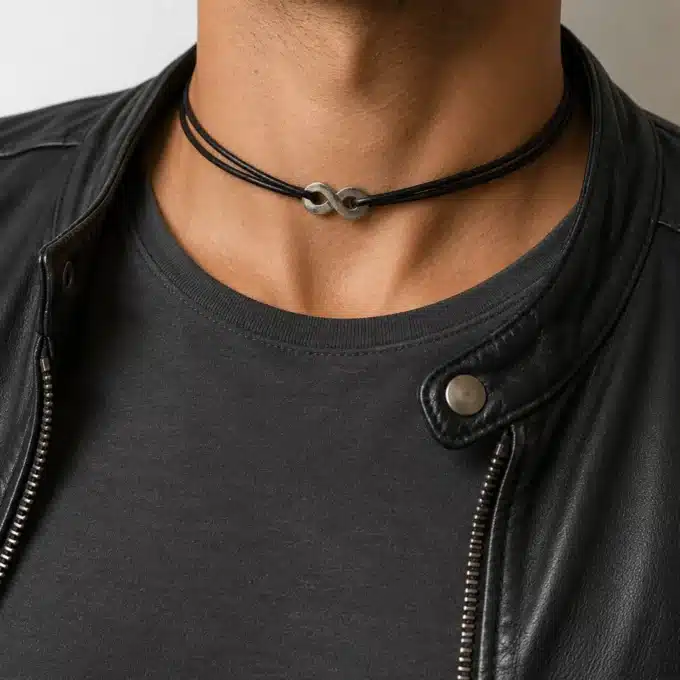 N3769c Collier signe infini homme Acier inoxydable cordon cuir réglable - Bijoux colliers hommes en ligne Ninanina