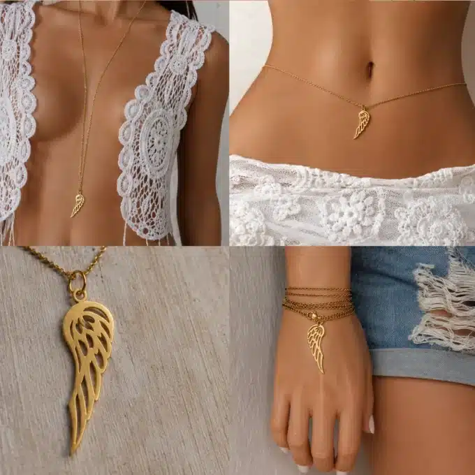 N3792b Chaine de taille femme pendentif aile d'ange Acier doré - Bijoux de corps femmes en ligne Ninanina