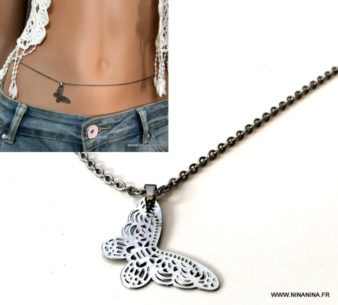 N3797c Chaine de taille femme papillon Acier inoxydable argent - Bijoux de corps en ligne Ninanina