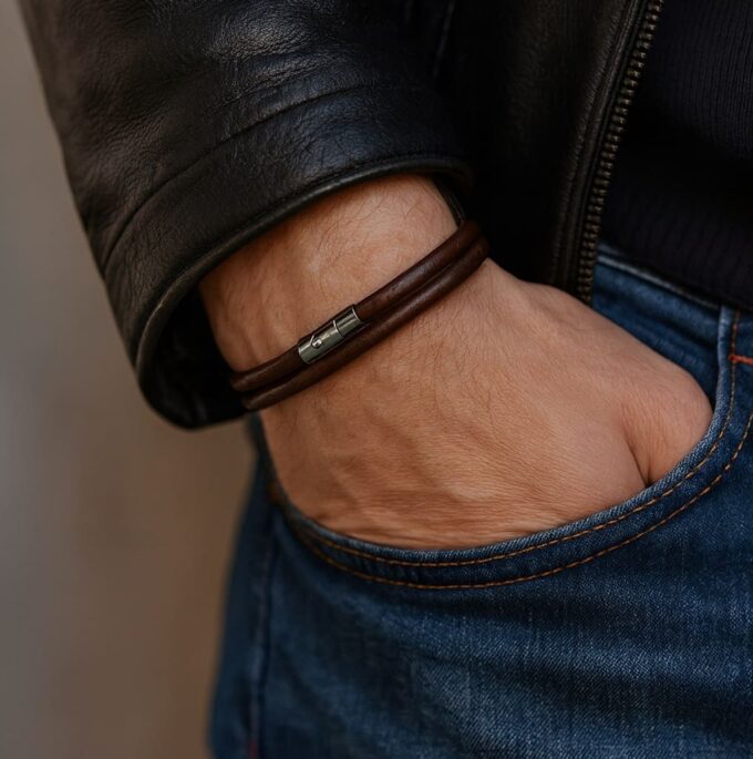 N3808 Bracelet Cuir Double Tour Homme Artisanal Avec Fermoir Acier Inoxydable - Bijoux Bracelets hommes en ligne Ninanina