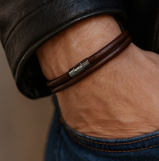 N3808b Bracelet Cuir Double Tour Homme Artisanal Avec Fermoir Acier Inoxydable - Bijoux Bracelets hommes en ligne Ninanina