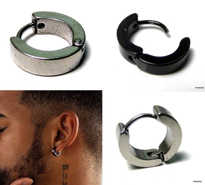 N3813e Créole homme noire Acier Inoxydable argenté Homme - Bijoux Boucles d oreilles en ligne Ninanina