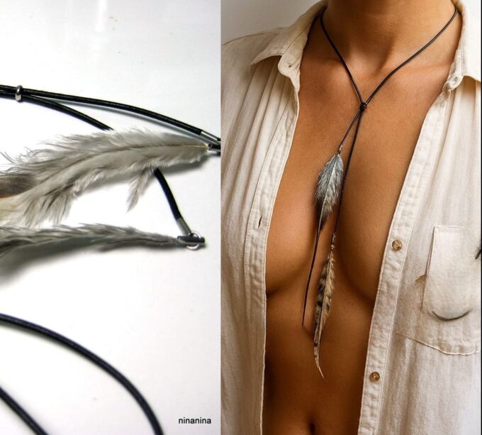N3818d Collier cuir artisanal boheme chic femme - cordon noeud coulissant et longues plumes naturelles - Bijoux Colliers en ligne Ninanina