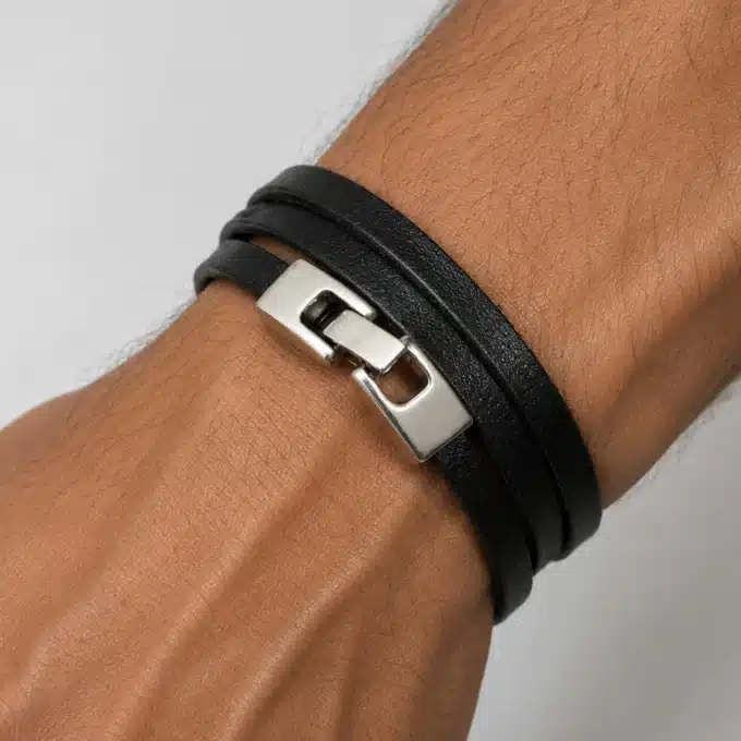 N3828 Bracelet cuir fantaisie 3 tours fermoir rectangulaire argenté - Bijoux bracelets hommes en ligne Ninanina