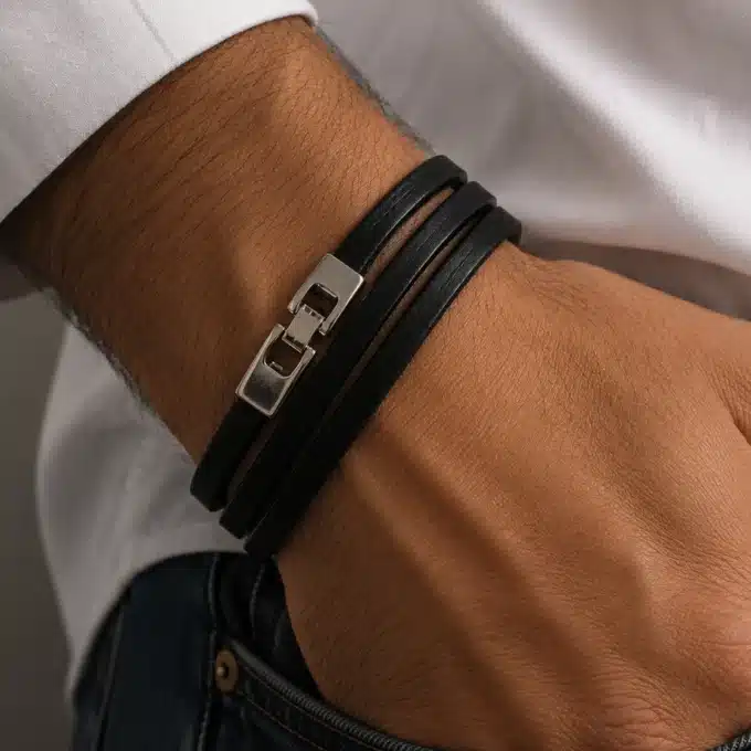 N3828a Bracelet cuir fantaisie 3 tours fermoir rectangulaire argenté - Bijoux bracelets hommes en ligne Ninanina