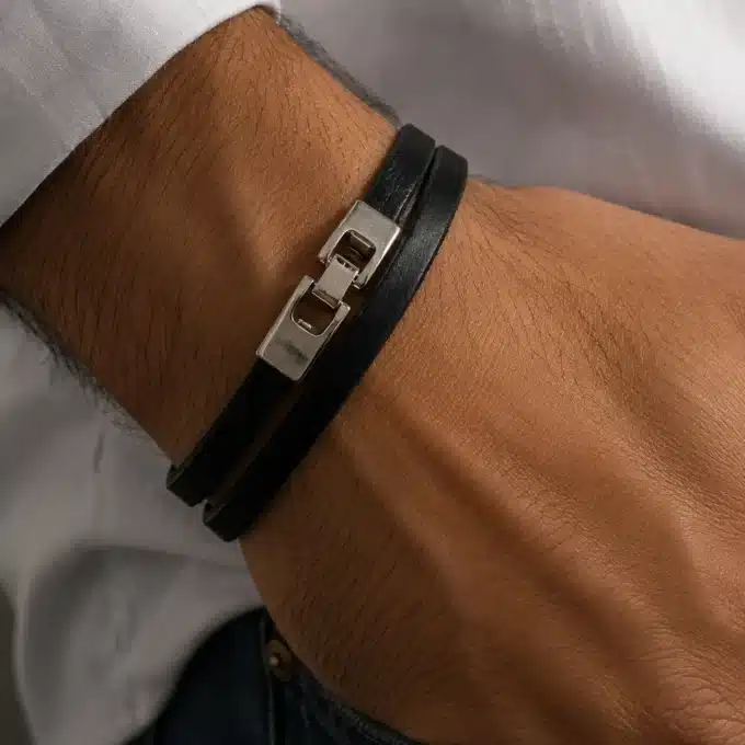N3829 Bracelet fantaisie homme cuir 2 tours fermoir rectangle argenté - Bijoux bracelets hommes en ligne Ninanina