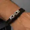 N3829a Bracelet fantaisie homme cuir 2 tours fermoir rectangle argenté - Bijoux bracelets hommes en ligne Ninanina