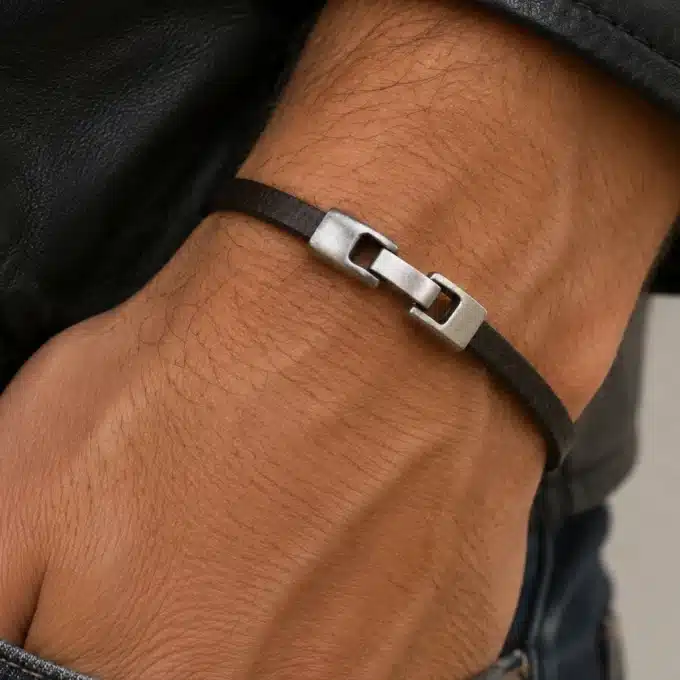 N3830 Bracelet fantaisie cuir femme homme fermoir rectangle argenté - Bijoux bracelets hommes en ligne Ninanina