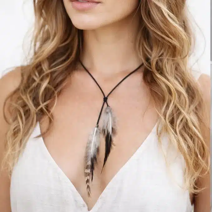 N3831d Collier plumes naturelles artisanales et Argent 925 - cordon cuir noeuds coulissants - Bijoux colliers boheme chic en ligne Ninanina