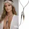 N3831E Collier plumes naturelles artisanales et Argent 925 - cordon cuir noeuds coulissants - Bijoux colliers boheme chic en ligne Ninanina