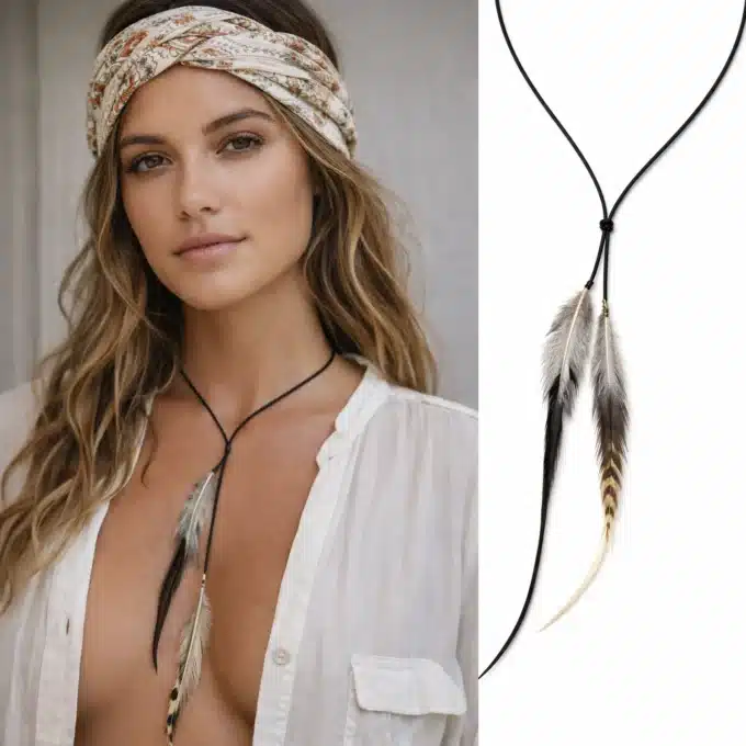 N3831E Collier plumes naturelles artisanales et Argent 925 - cordon cuir noeuds coulissants - Bijoux colliers boheme chic en ligne Ninanina