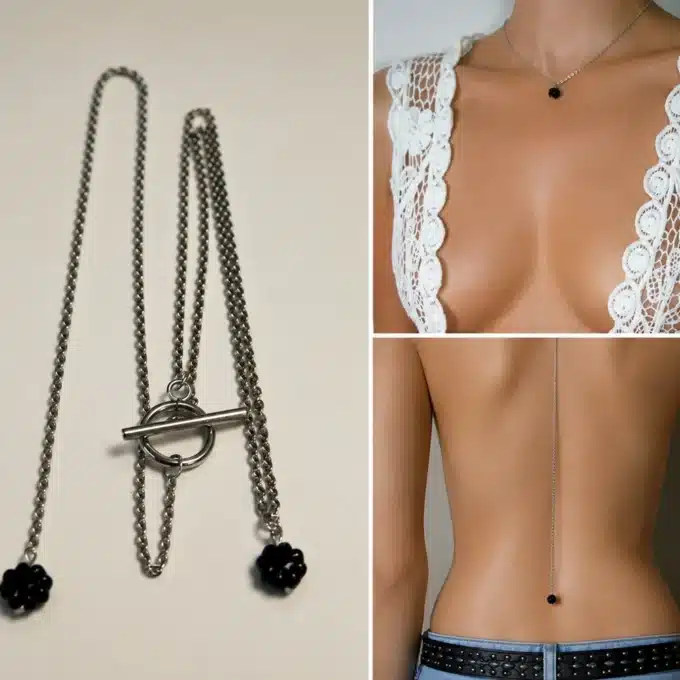 N3832a Collier de dos fleur Acier inoxydable et fleurs noires - Bijoux de dos corps en ligne Ninanina
