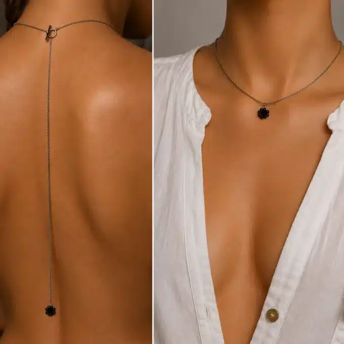 N3832b Collier de dos fleur Acier inoxydable et fleurs noires - Bijoux de dos corps en ligne Ninanina