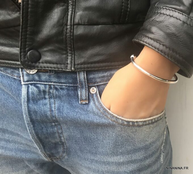 N3834g Bracelet jonc homme argent plaqué ouvert réglable - Bijoux Bracelets en ligne Ninanina