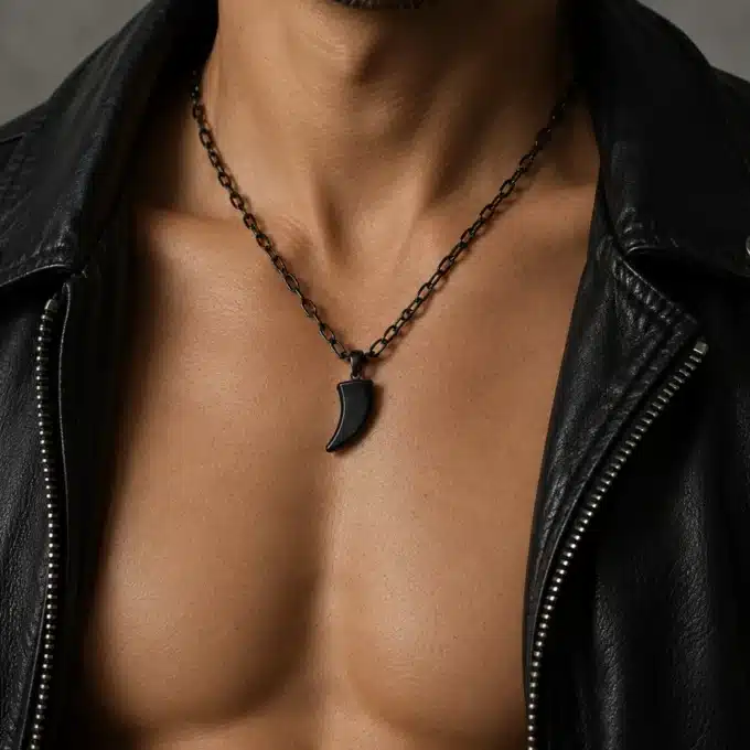 N3835a Collier hématite homme pendentif dent de requin chaine noire - Bijoux colliers hommes en ligne Ninanina