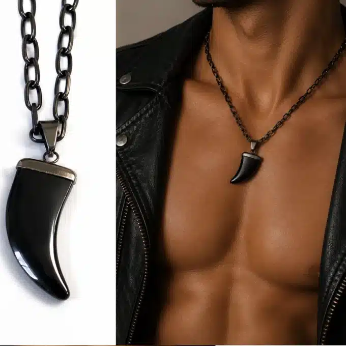 N3835c Collier hématite homme pendentif dent de requin chaine noire - Bijoux colliers hommes en ligne Ninanina