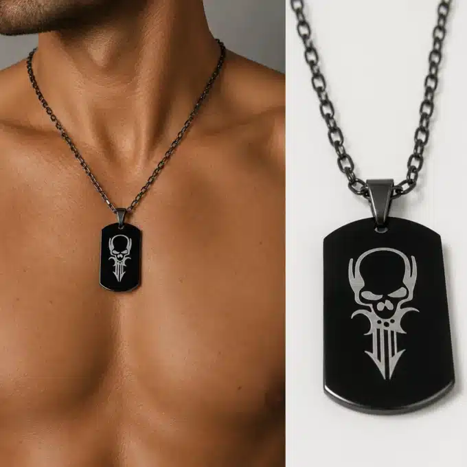 N3837 Collier homme pendentif rectangle tête de mort Acier noir - Bijoux colliers hommes en ligne Ninanina