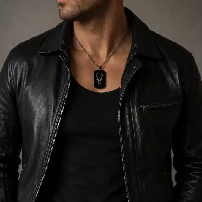 N3837a Collier homme pendentif rectangle tête de mort Acier noir - Bijoux colliers hommes en ligne Ninanina
