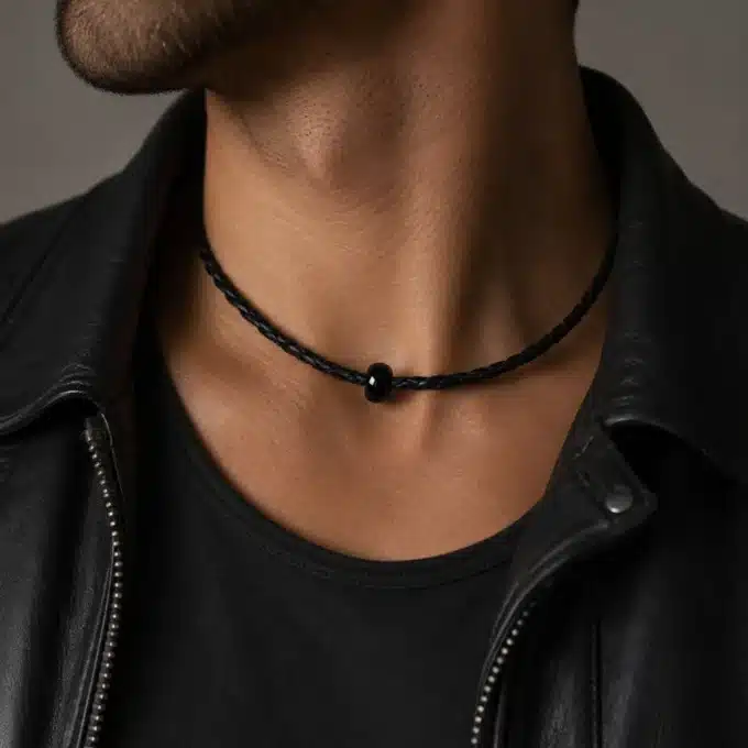 N3838 Collier Perle Noire Homme Cordon Cuir Tressé Onyx Noir - Bijouxcolliers hommes en ligne Ninanina