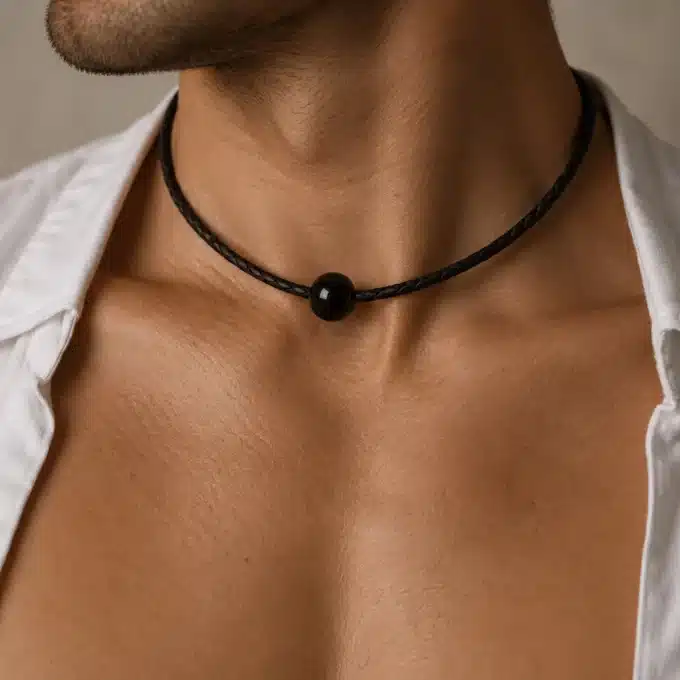 N3838b Collier Perle Noire Homme Cordon Cuir Tressé Onyx Noir - Bijouxcolliers hommes en ligne Ninanina